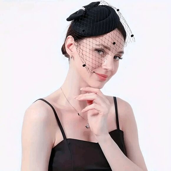 🖤 Pinup Accessory 1950s Retro Vintage Fascinator Black Pillbox Pearl Veil Hat - Picture 11 of 13